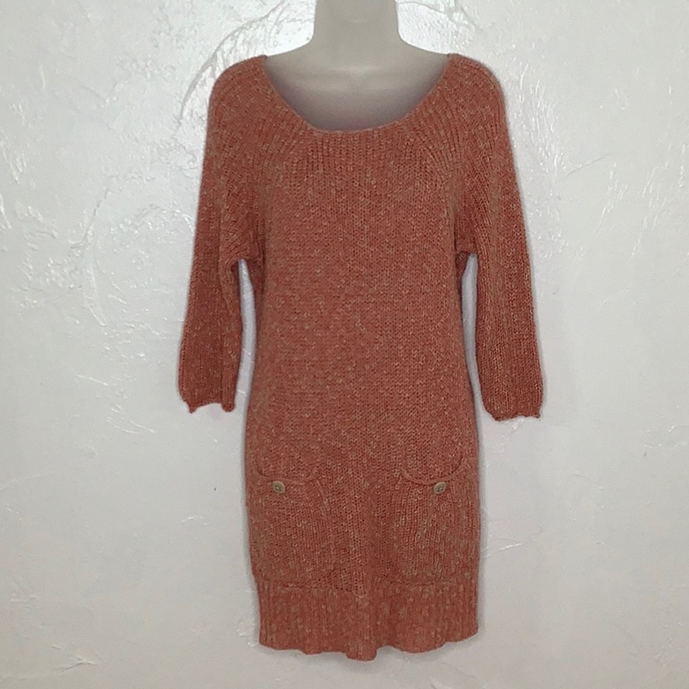 Free People Knit mini dress pockets 3/4 sleeve  rust & cream size XS EUC